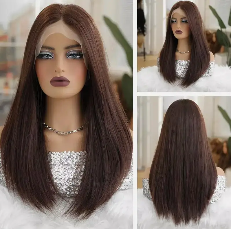 Pre Plucked Synthetic Hair Reddish brown T Lace Front Wigs Long Straight