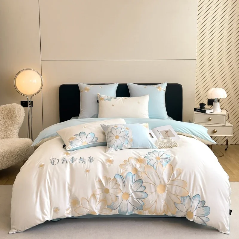 

100% cotton bed linen Daisy embroidered comforter bedding set for spring double duvet cover Quilt set bed sheets set Pillow case