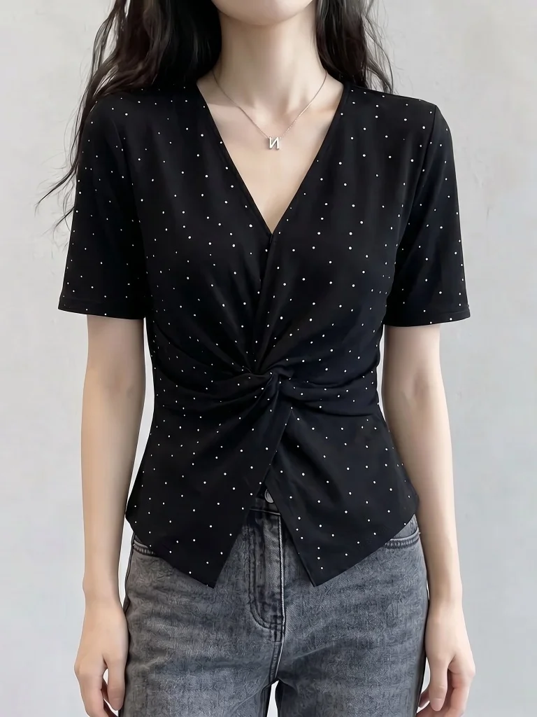 Slim Fit V-Neck Polka Dot Short Sleeve T-Shirt Women's Summer New Style plus Size Waist Cinching Slimming Top Korean Style