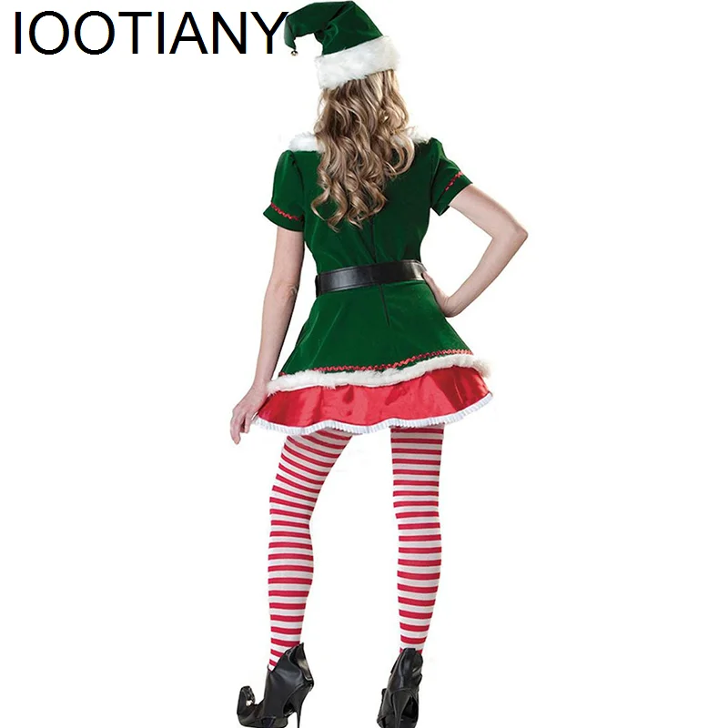 Couple Santa Claus Uniform Green Elf Xmas Suit Men Women Velvet Christmas Santa Cosplay Costume Winter Sexy Fancy Party Dress