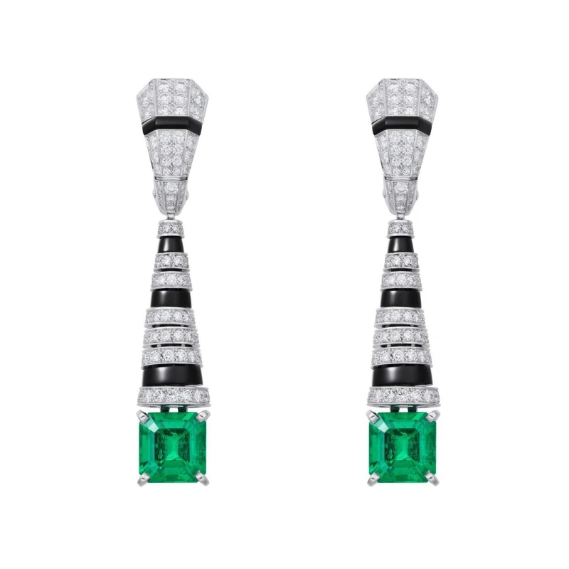 CAMEO 925 Silver Gold-plated High Carbon Diamond Enamel 2.5ct Synthetic Emerald Artdeco Luxury Banquet Leopard Print Earrings