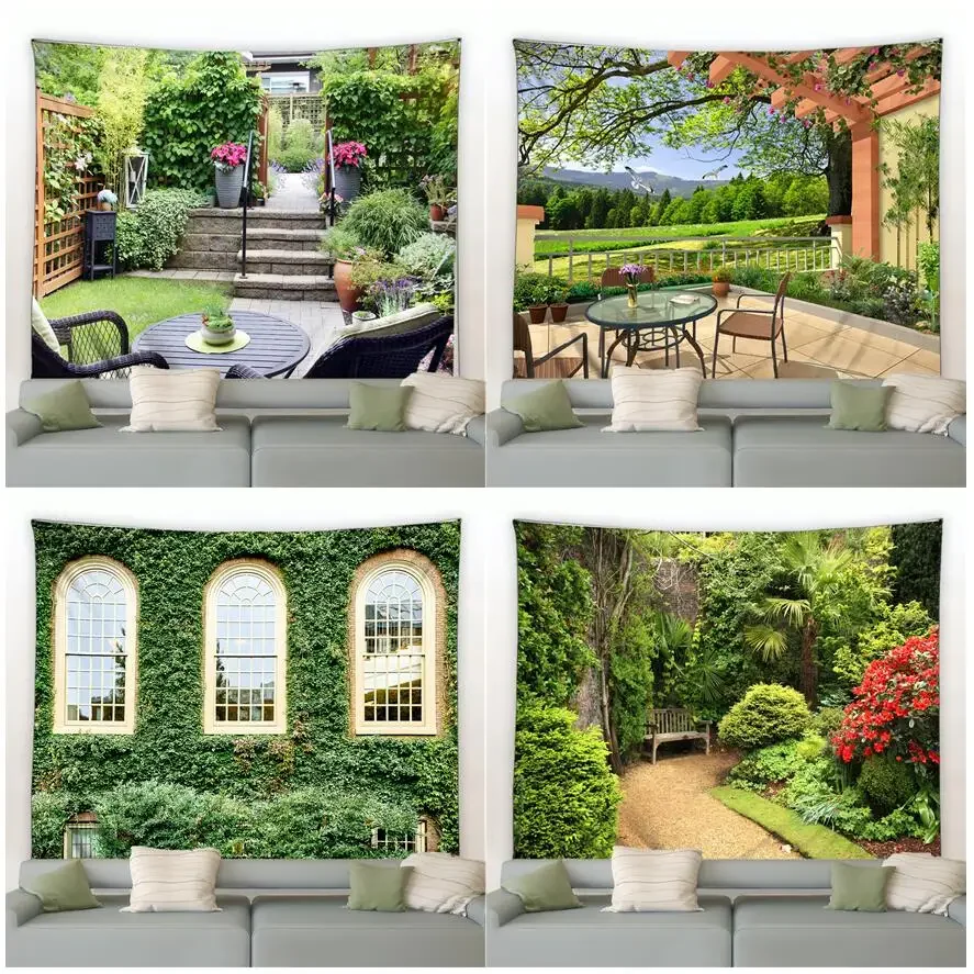 

Modern Garden Big Tapestry Nature Flowers Plants Vines Spring Park Scenery Fabric Print Wall Hanging Home Courtyard Decor Murals