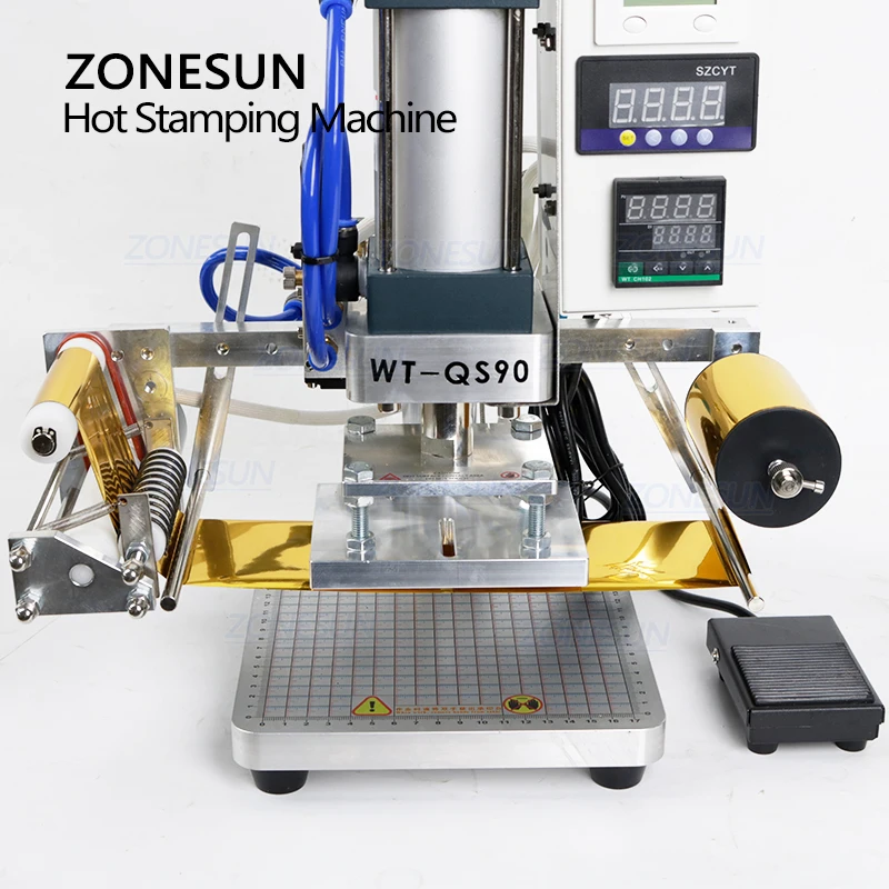 ZONESUN WT-QS90 maszyna do tłoczenia na gorąco pneumatyczny, papier, plastik, drewno, skóra, brązowanie pcv, maszyna do prasa termiczna