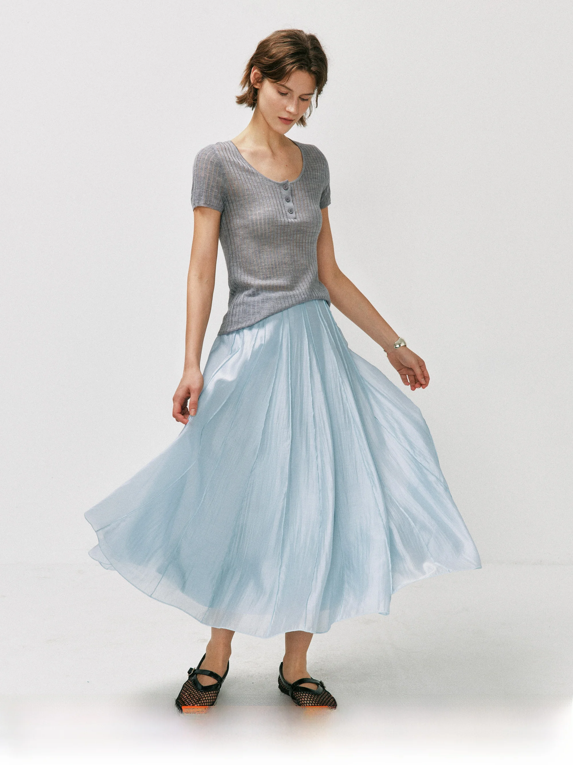 Elegant Long A-Line Half Skirt Multi-Piece Cut Lightweight Draping Pearl Lurex Rayon Women's Mid-Waist Skin-Friendly Breathable