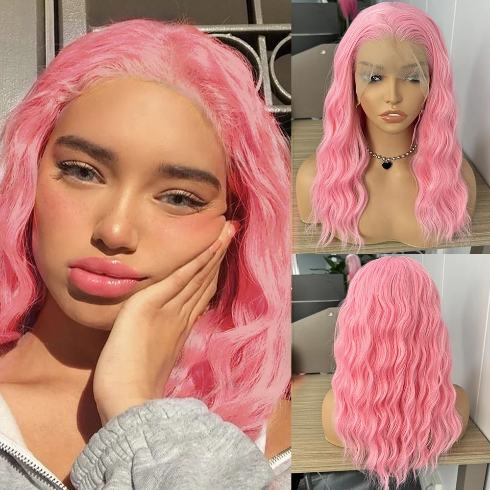 Pink Wig Short Synthetic Lace Front Wigs for Women Loose Curl Wig Hot Pink Short Lace Bob Wig Natural Wave Ready to Wear Cosplay