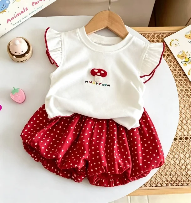 Infant Girls Sweet Mushroom Embroidery Sleeveless Blouse Red Polka Dot Puff Shorts Toddler Summer Daily Wear Outfit Set