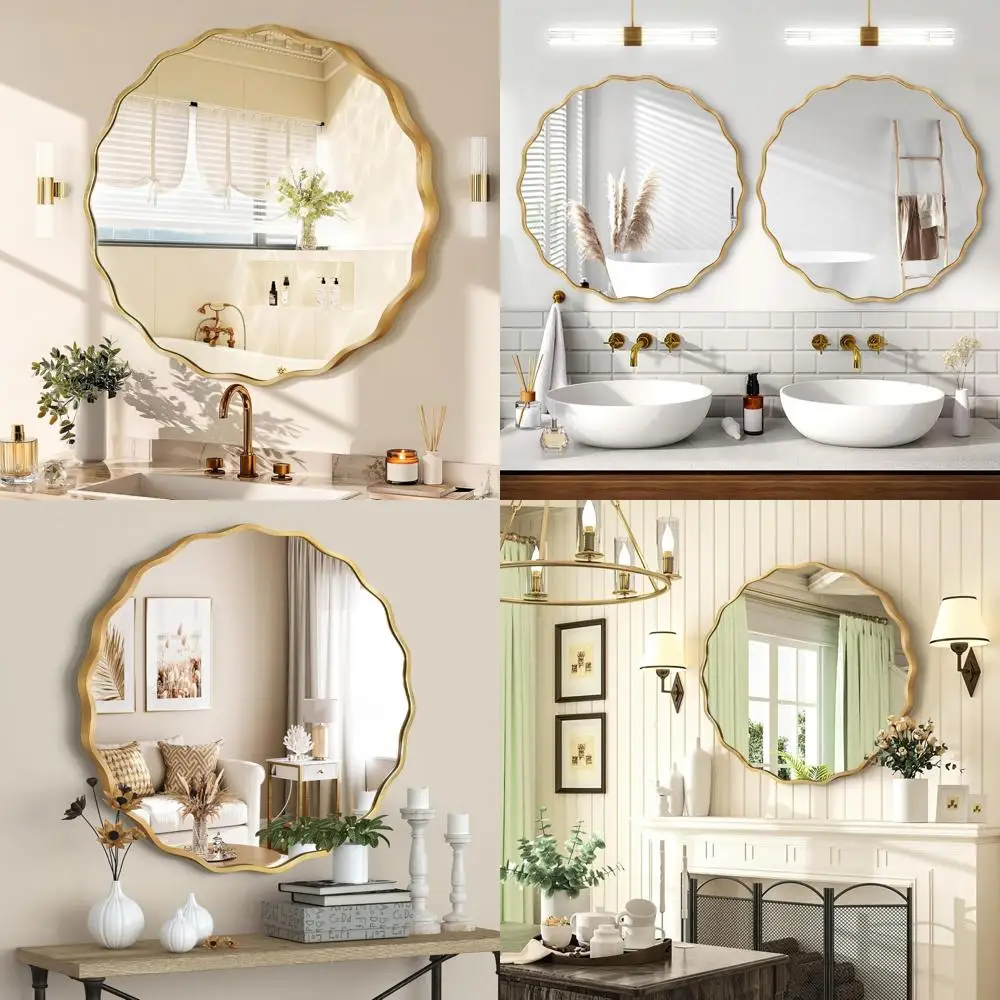 

24-дюймовое декоративное волнистое настенное зеркало с рамой из матовой стали и небьющимся стеклом для подвешивания в ванной комнате.