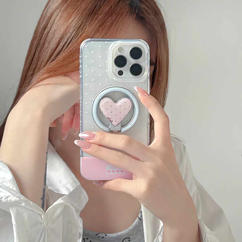 

Full Screen Pink Circular Dots Love Metal Fold Hollow Out With Holder Magnetic Phone Cover Case for IPhone 16 15 14 13 Pro Max