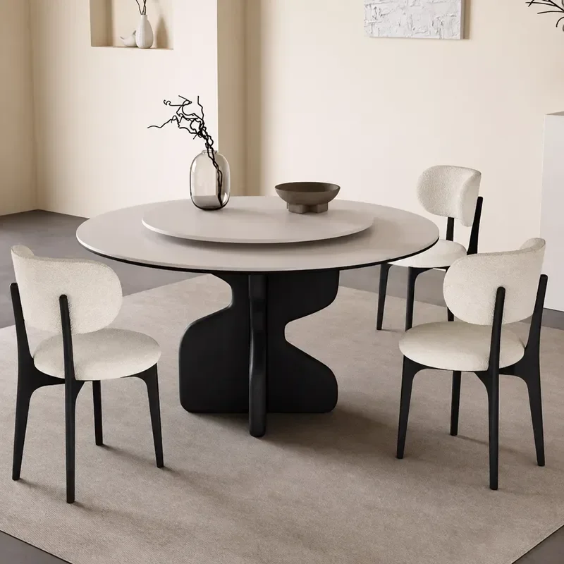 Retro Solid Wood Round Dining Table with Turntable Black Matte French Style Rock Slab Top Home Furniture