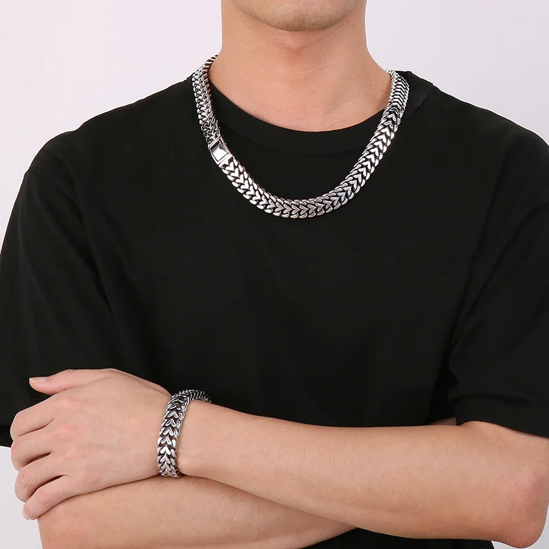 Heavy Wheat Chain Men\'s Bracelet and Necklace Polished Rotre Bracelet\'s Stainless Steel Biker Party Jewelry Sets Male Gift