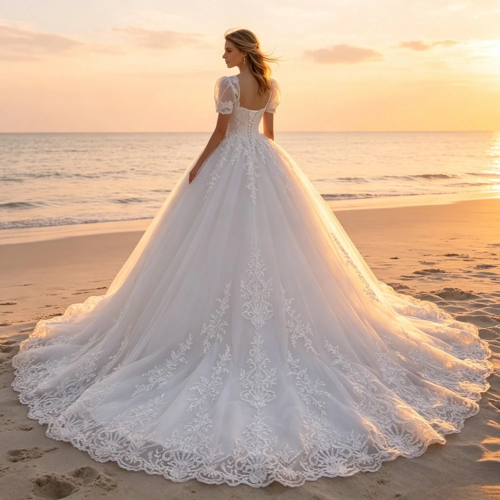 Customized Heart-shaped Collar Applique Lace Ball Dresses Luxurious Bubble Sleeves Ruffled Fluffy Bridal Gown with Lace Up Back