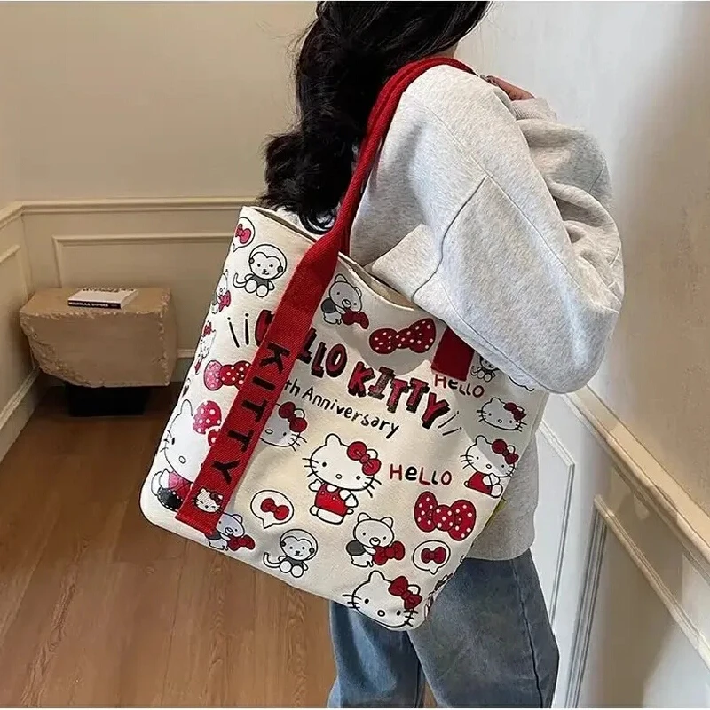 

New Sanrio Model Hello Kitty Cartoon Canvas Bag Cute Commuter Versatile One-Shoulder Tote Bag Large-Capacity Storage Bag