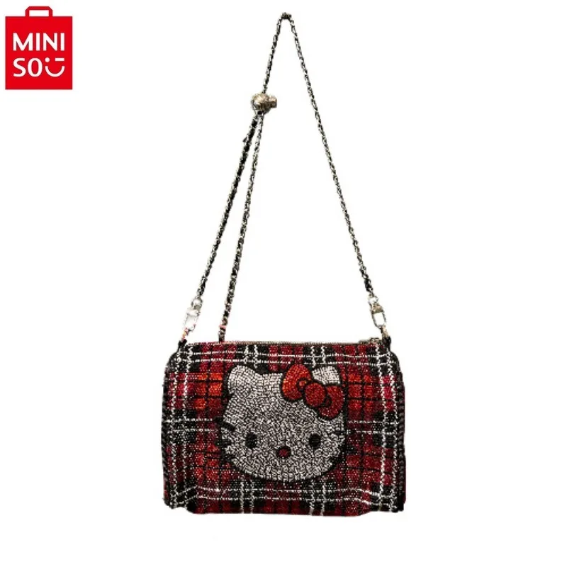 MINISO hello kitty checkered diamond crossbody bag for women\'s fashionable and high-quality versatile mobile phone chain bag