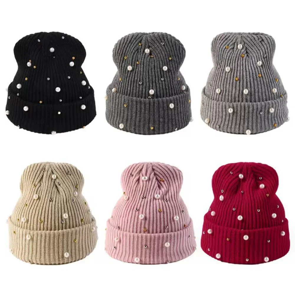 Women Girls Knitted Beanie Hat for Winter with Pearls Beaded Wool Warm Soft Female Lady Hat Bonnet Skullies Caps