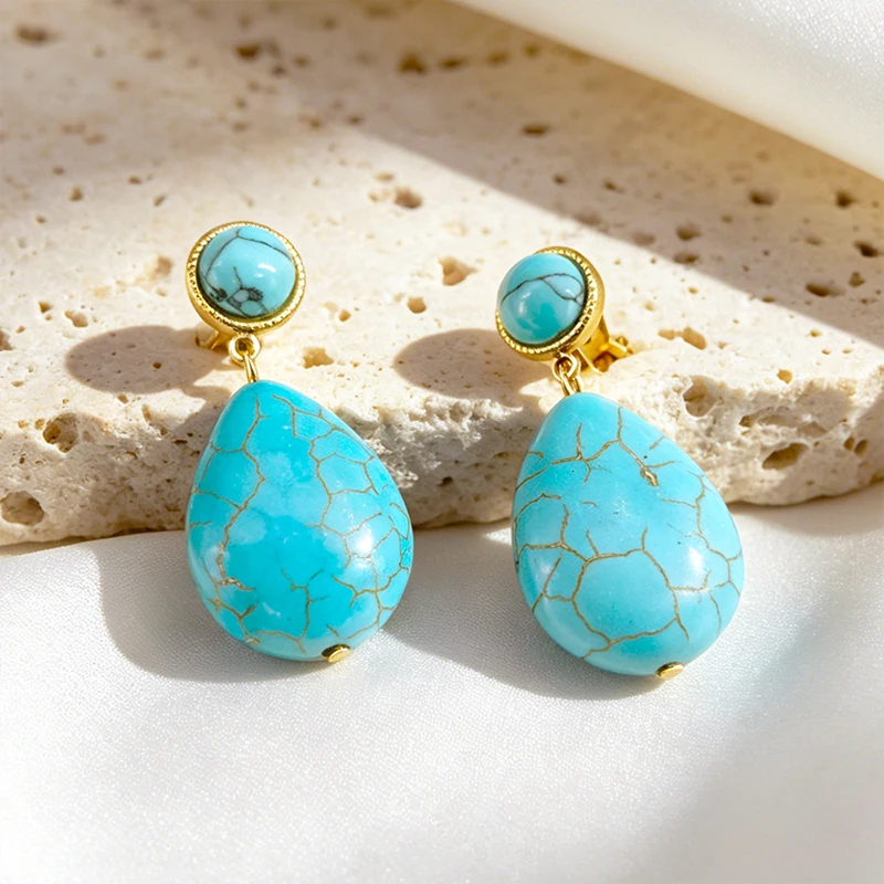Böhmische Türkis-Wassertropfen-Clip-Ohrringe für Damen, Edelstahl, 18K vergoldet, wasserdicht, Hängeohrringe, Schmuck