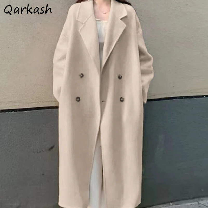 

Blends Women Chic Ulzzang New Casual Long Coats Solid Apricot Simple Outwear Pockets Vintage Loose Fashion Streetwear All-match