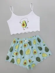 Avocado Print Camisole Shorts Set Sex Sleepwear Summer Pajamas Women Sexy Lingerie Casual Nightie Soft Homewear Sling Underwear