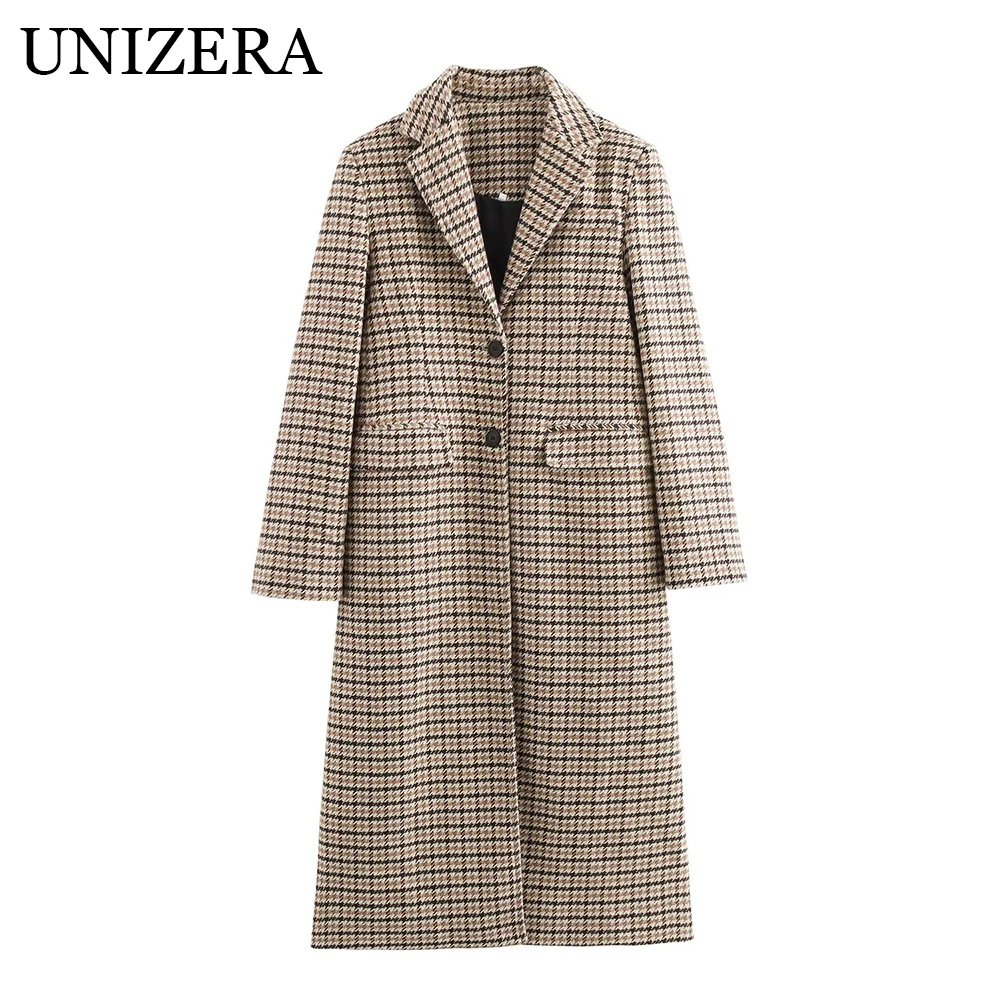 

European and American style autumn and winter new women's clothing design sense plaid long sleeved long coat jacket