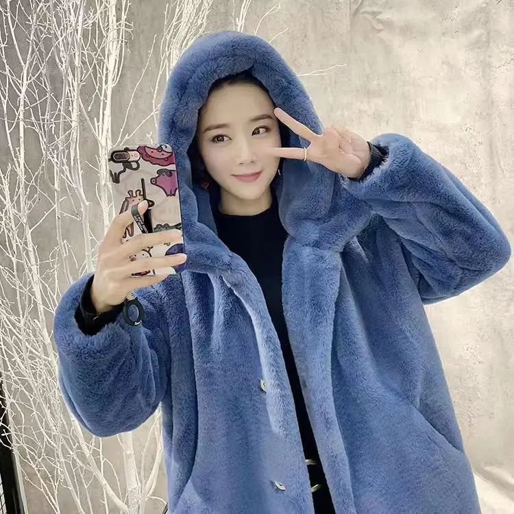 Damski płaszcz ze sztucznego futra, płaszcze damskie w kropki, średniej długości, uniform, damski, modny, casualowy, zwiewny, termiczny, wyszczuplający, z kapturem, asymetryczny, Ins