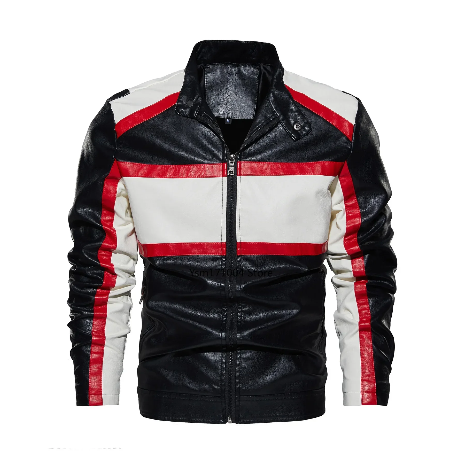 TPJB Spring and Autumn New Men PU Jacket Men's Leisure Motorcycle Stitching Standing Collar Bicycle Windproof Men Leather Jacket