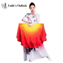 100% Real Silk Chinese Belly Dance Fan Veil Hand Made Yellow Red Fire Flame Sequin Fan Yangko Square Dance Bamboo Long Fan Pair