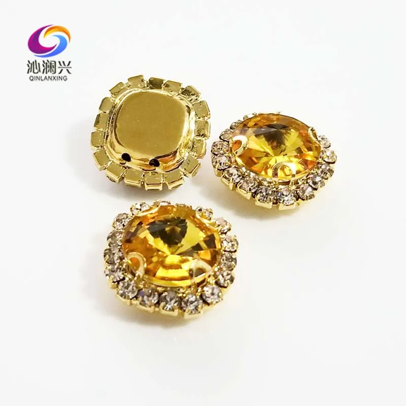 Golden Yellow Color Glass Crystal Rhinestones, Golden Bottom Round Shape Buckle, Used for Needlework, Diy Sewing Accessories