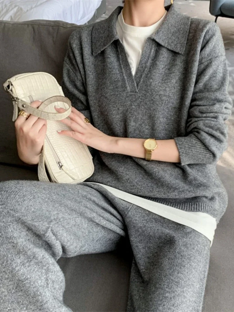 

Уличная одежда, вязаные комплекты из 2 предметов, женская одежда, осенняя одежда, женский пуловер с воротником-поло, свитер, комплекты из топа и брюк, повседневный спортивный костюм