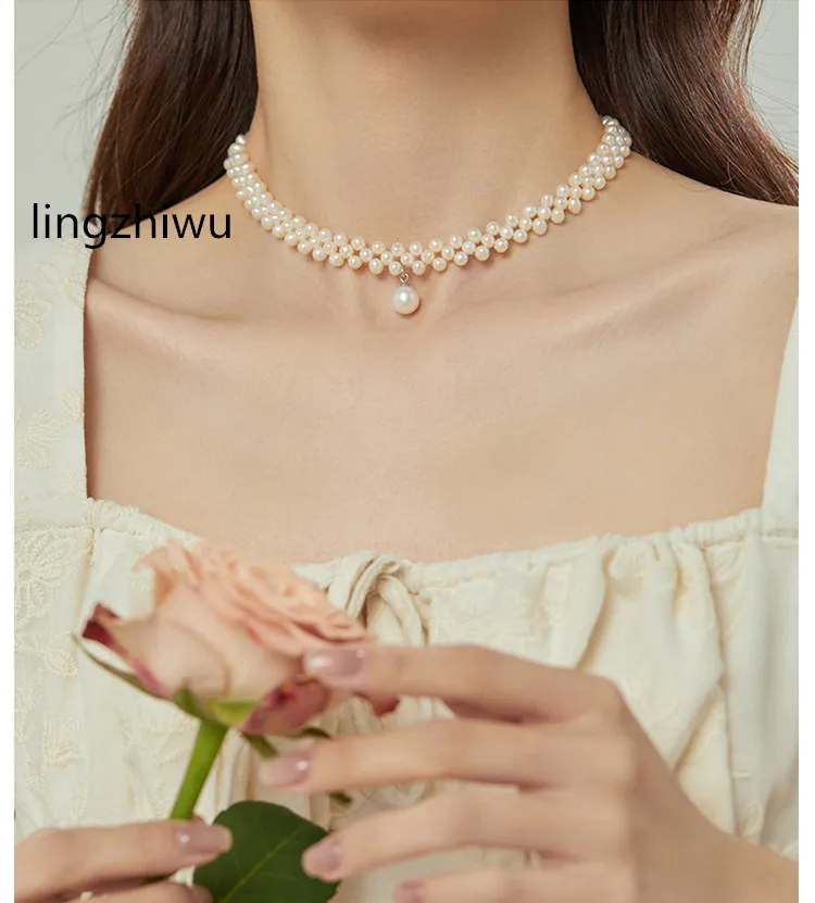 

lingzhiwu Handmade Weave Natural Pearls Necklace Female French Vintage Multi-Layer Choker Necklaces Top Quality New Arrival