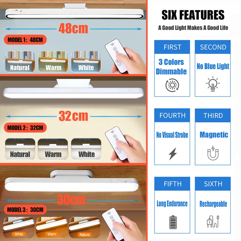Remote Desk Lamp 48cm 30cm Magnetic Hanging Night Light USB Rechargeable Table Lamp LED Reading Light ForCabinet Bedside Mirror
