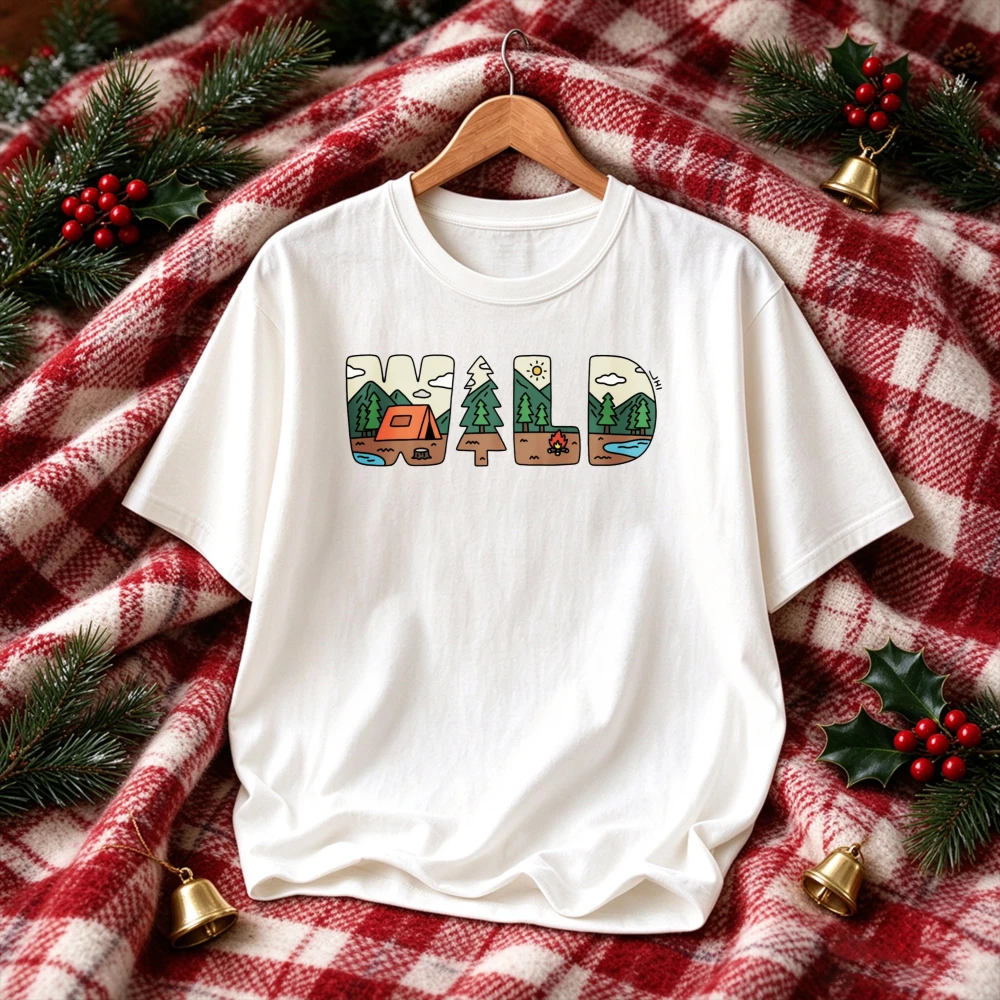 Wild Letter Cartoon Camping Tent Mountain Pine Tree Graphic Tee Outdoor Adventure Nature Print Short Sleeve Hiking Casual Tops