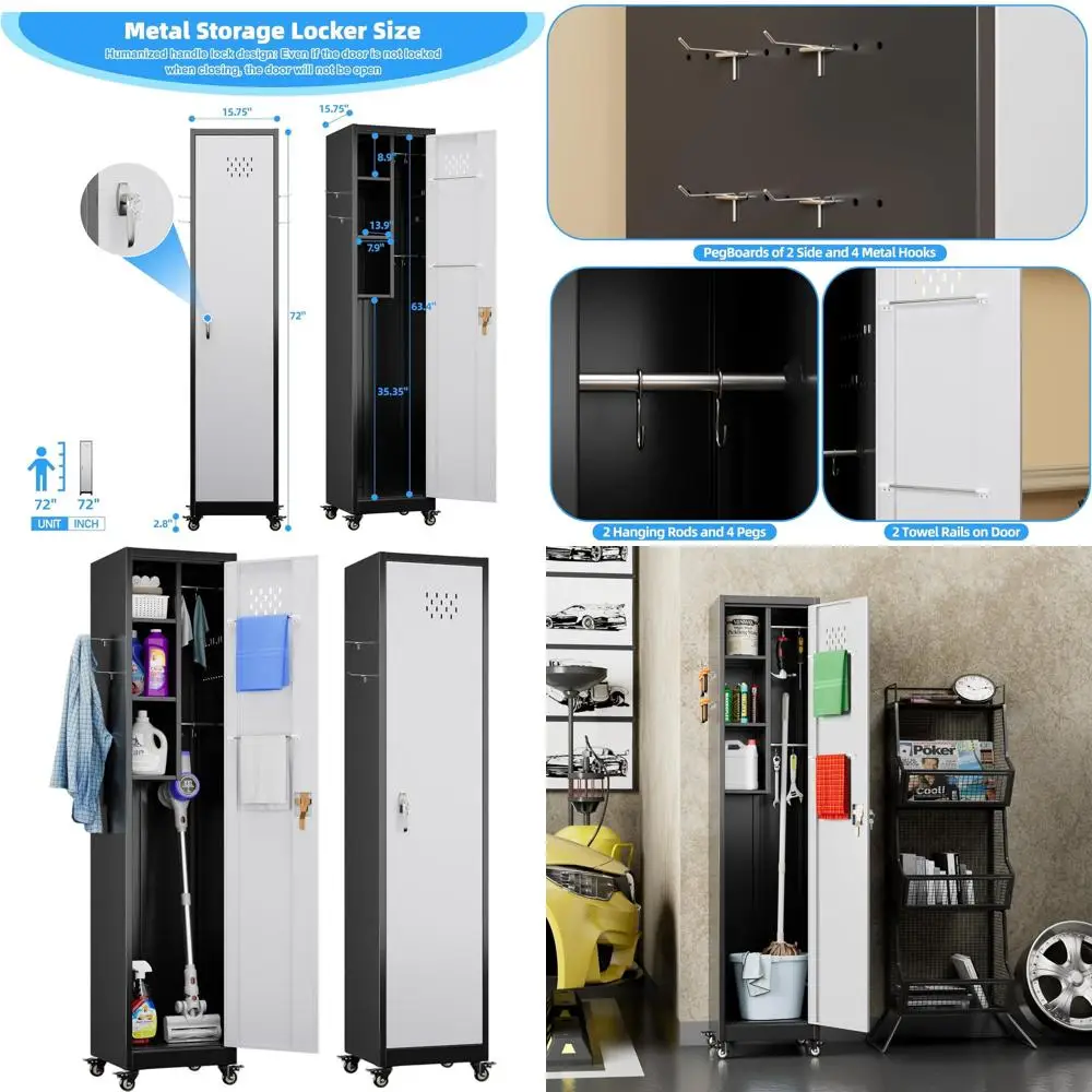 

Металлический шкаф для хранения в гараже на колесах, с перфорированной панелью, запирающейся дверцей и крючками для швабр и веников, черно-белый