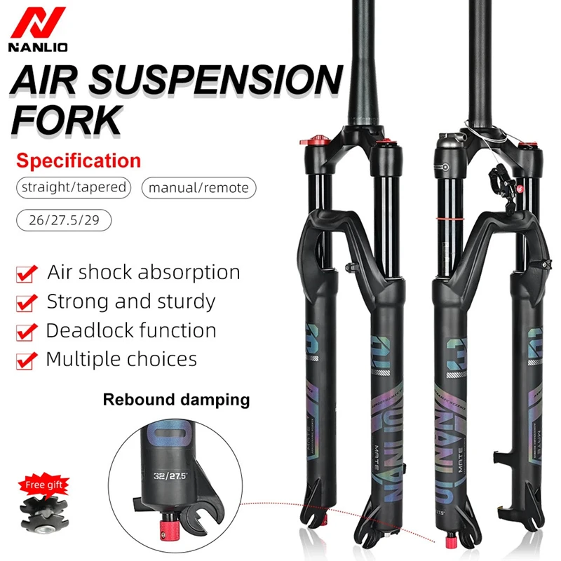 

NANLIO Bicycle Air Suspension Fork 26/27.5/29 Inch Mountain Bike Fork 120mm Travel Rebound Adjustment Quick Release 9*100mm