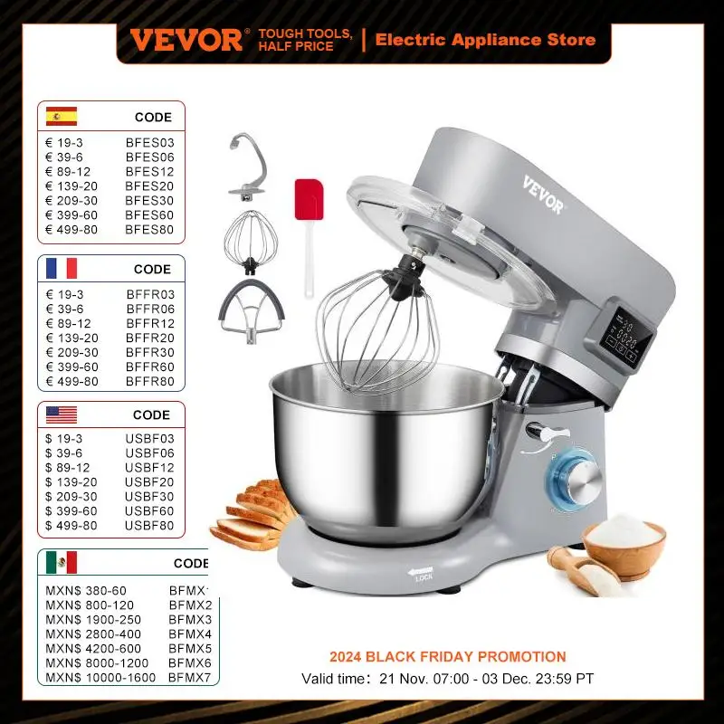 VEVOR 5.5/7L Electric Stand Mixer with 6 Speeds LCD Screen Timing Food Mixer Cream Egg Whisk Whip Dough Kneader With Steel Bowl