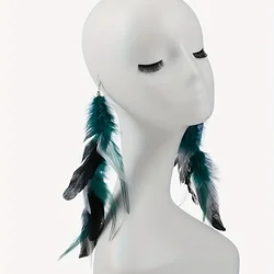 1 piece of ethnic style feather long earrings for women with Bohemian dark green handmade temperament earrings