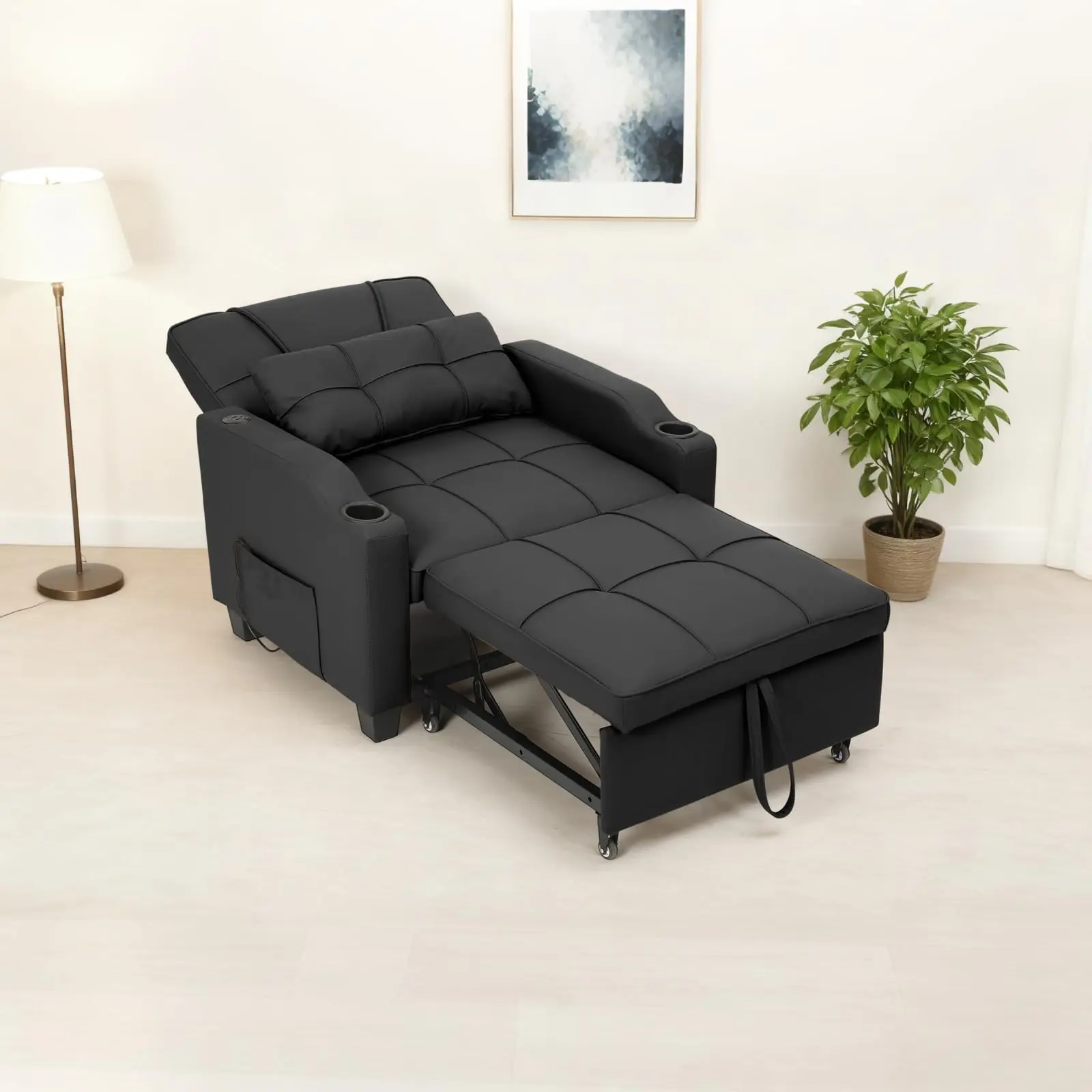 Convertible Reclining Sofa Bed with Vibration Massage Lumbar Pillow, Multi-Function PU Leather Sofa Chair, Chaise Lounge, Black