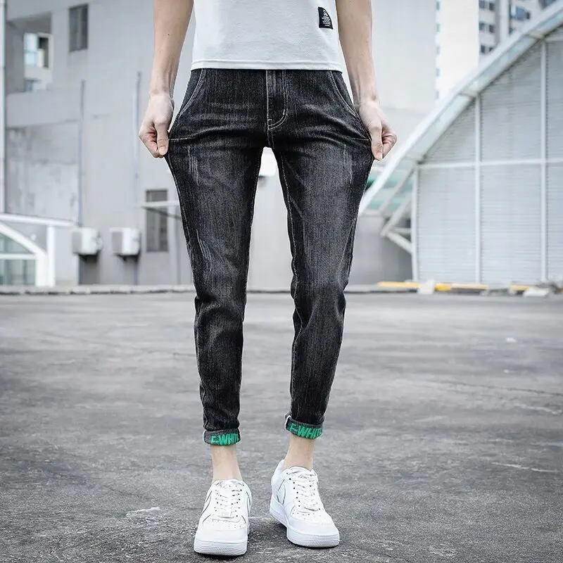 Mens Spring Summer Ankle Length Denim Trousers Slim Fit Skinny Korean Fashion Elastic Lightweight Casual All-Match Jeans