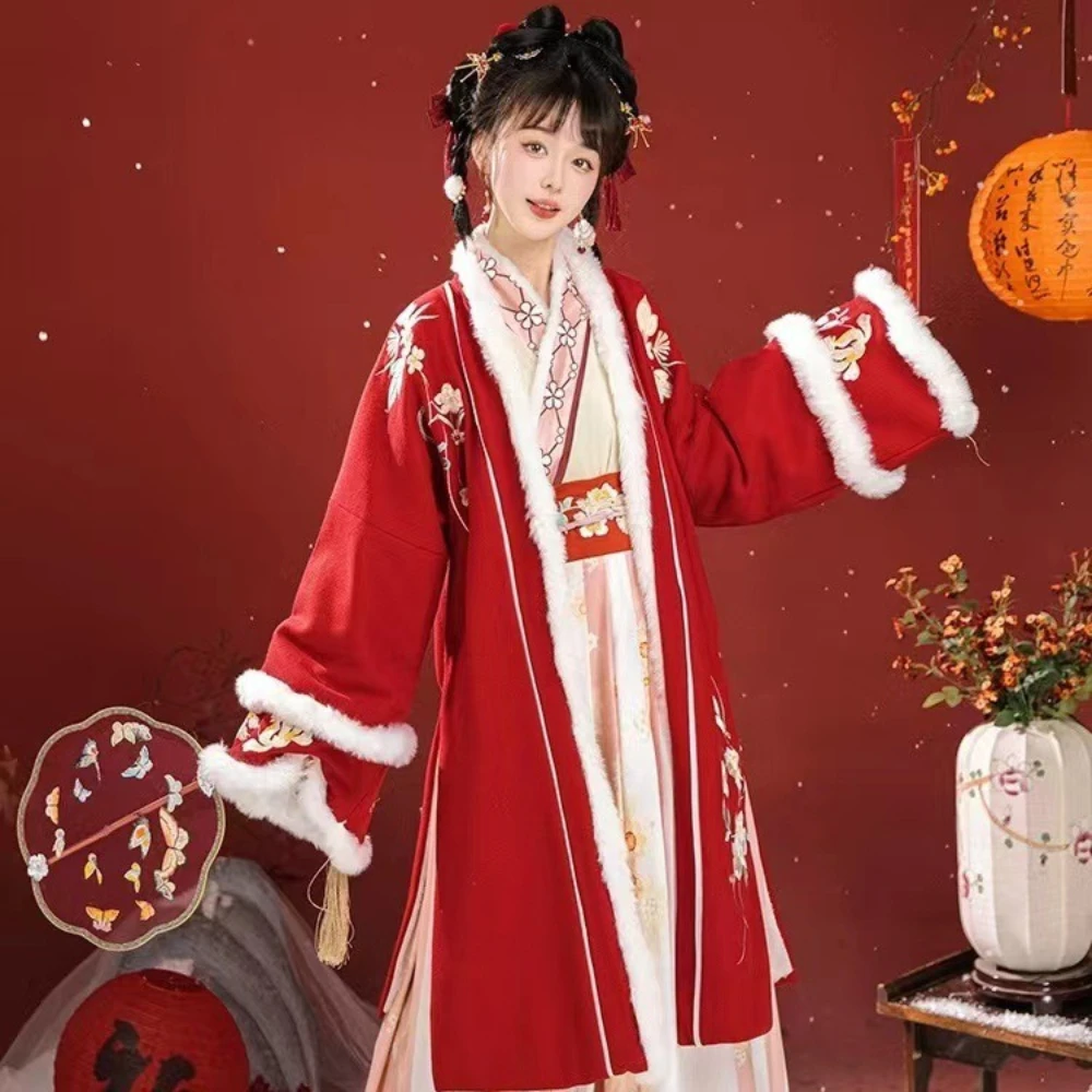 

Зимний утепленный плюшевый двубортный длинный костюм-рубашка Hanfu в стиле пиджака Китайский традиционный костюм для женщин и девочек на новый год