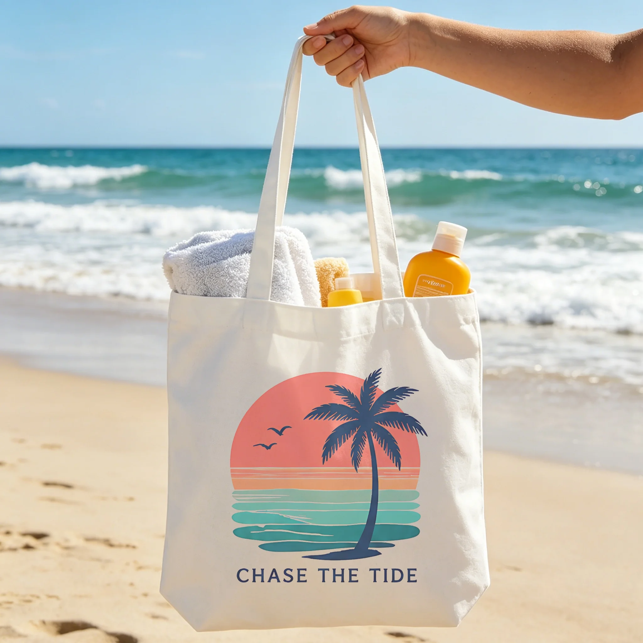 Palm Sunset Tide Tote Bag Reusable Bag with Shoulder Strap Large for Painting Lightweight Sturdy Flat Bottom with Easy Style for
