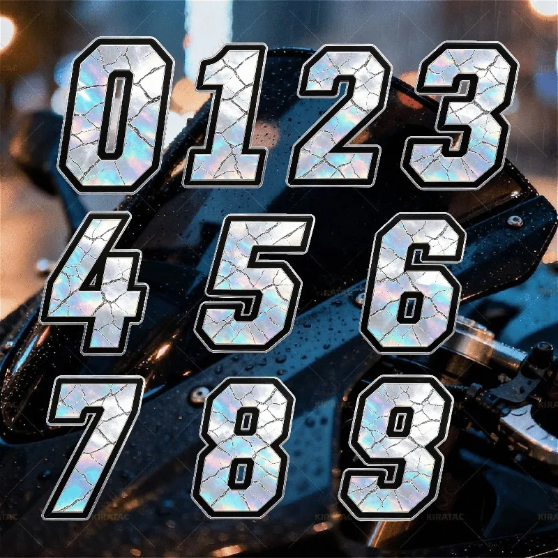 Holographic Crackle Racing Number 0-9 Vinyl Sticker Matte Waterproof UV Resistant Removable Decal for Motorcycle Helmet Kart