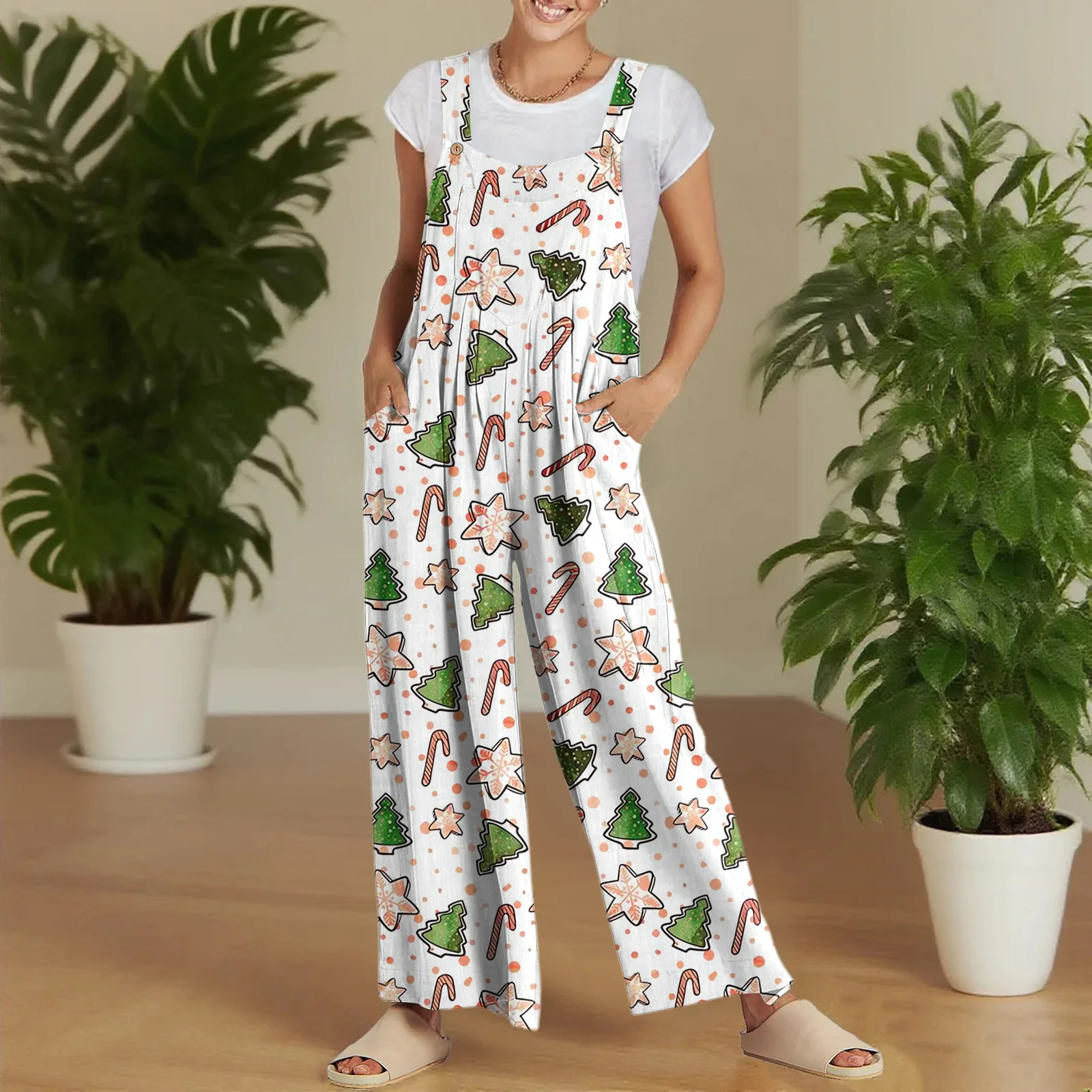

Women's Fashion Christmas Print Element Themed Jumpsuit Casual Retro Sleeveless Jumpsuit Camisole Wide Leg Jumpsuit With Pocket