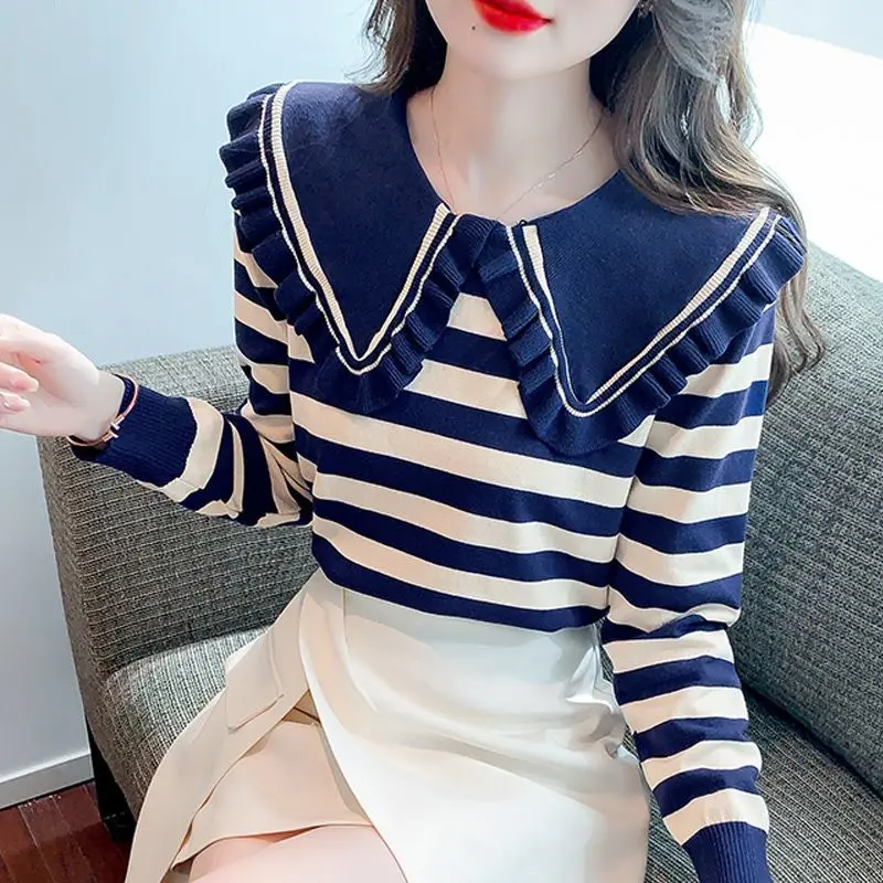 Long Sleeve Striped Knitting Loose Peter Pan Collar Sweater 2024 Spring Autumn New Bottoming Shirt Korean Ruffles Pullovers Tops