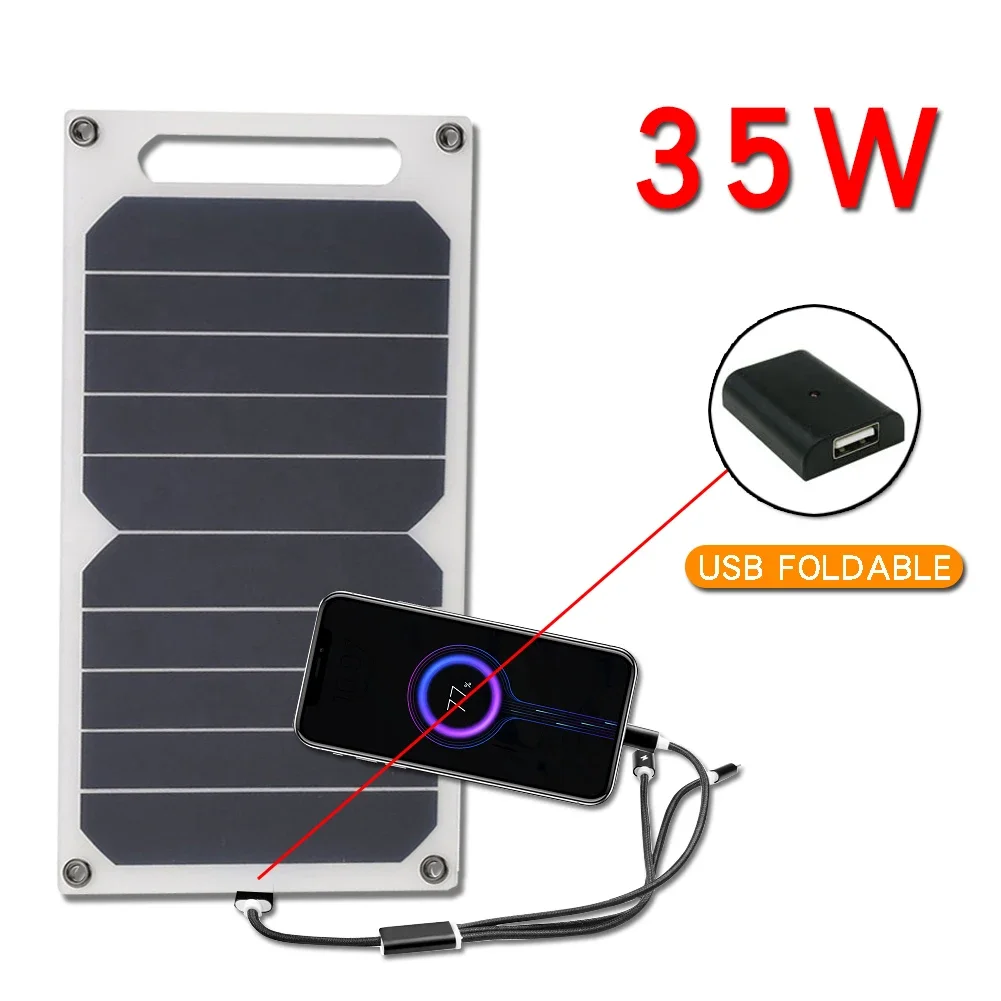 Sistema de Panel Solar de 35W con carga USB para acampar para bancos de energía y teléfonos móviles, cargador de almohadilla MP3 para teléfono y coche, batería para exteriores