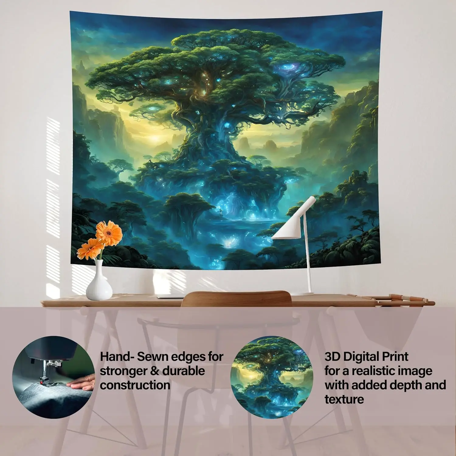 Tree Life Tapestry – Inspirational 3D Bohemian Wall Art Poster with Elegant Fantasy Drawing, Cool Oversized Horizontal Mural