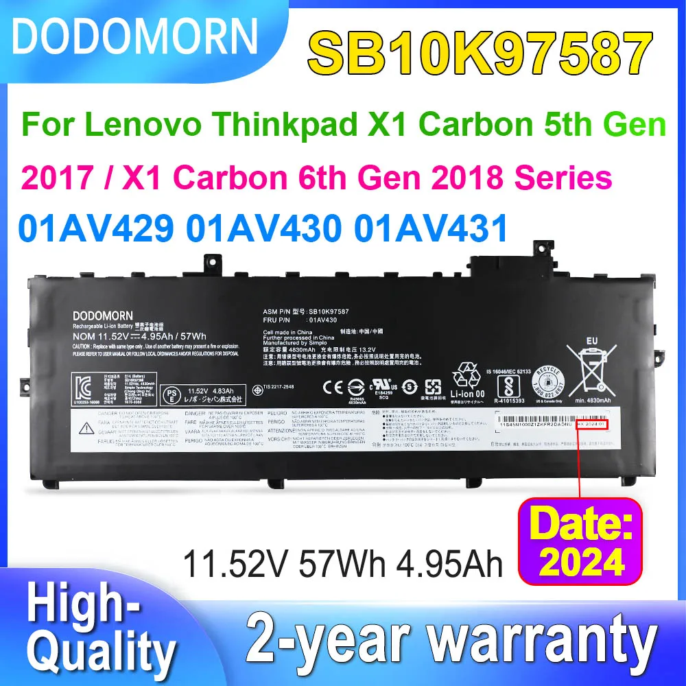 

DODOMORN 01AV430 Battery For Lenovo Thinkpad X1 Carbon 5th 2017/6th 2018 01AV429 01AV431 01AV494 SB10K97587 SB10K97 11.52V 57Wh