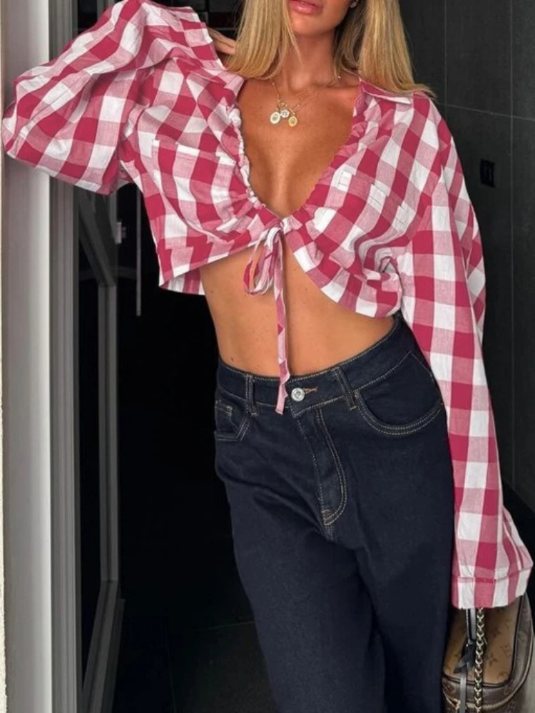 

Foamlina Sexy Plaid Print Crop Shirt for Women Summer New Tie Up Front Lapel Collar Long Sleeve Short Blouse Y2K Streetwear Top