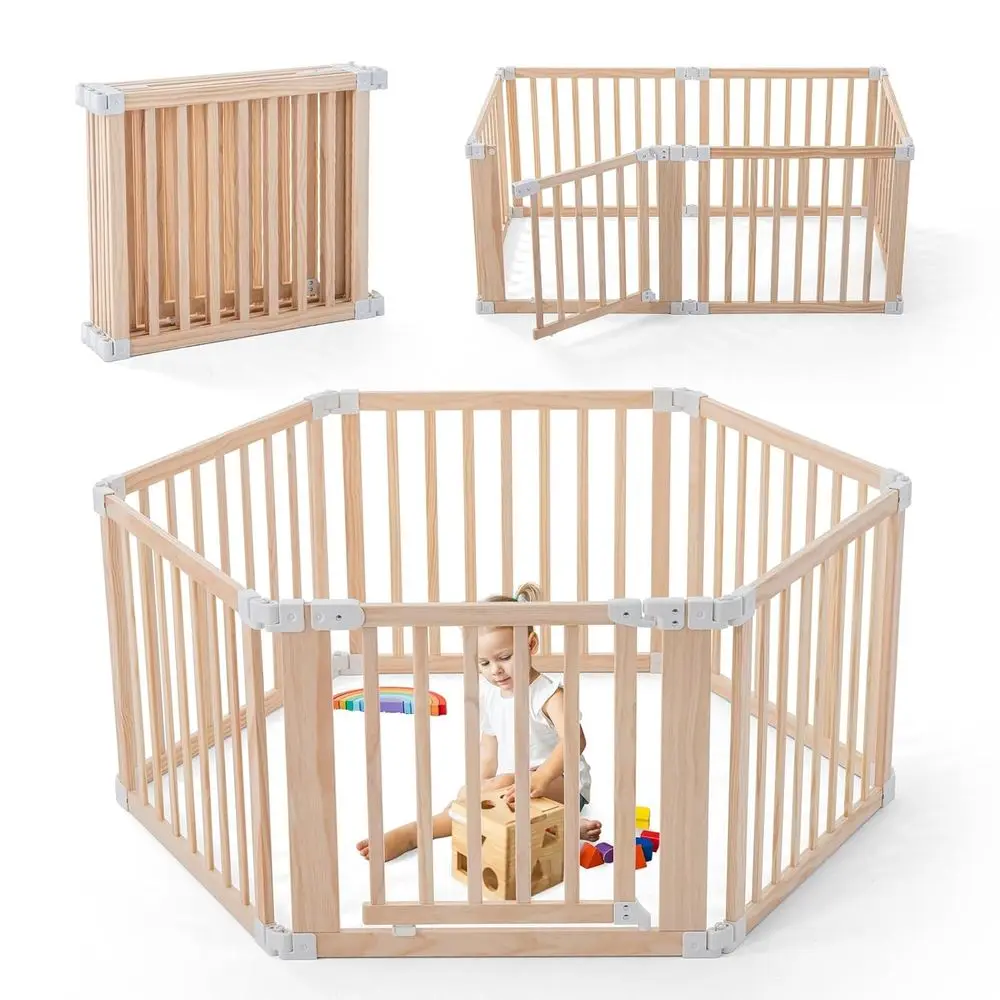 

Portable 6-Panel Wooden Play Yard for Toddlers, Lockable Gate, Suitable for Indoor & Outdoor Play (1-3 Years)