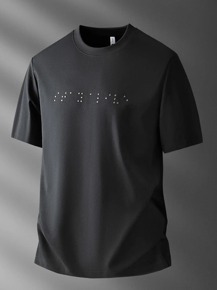 Men's Fashionable Short Sleeve T-Shirt Satin Cotton round Neck Micro Wide Design Rivet Detail Casual Comfortable Soft Style