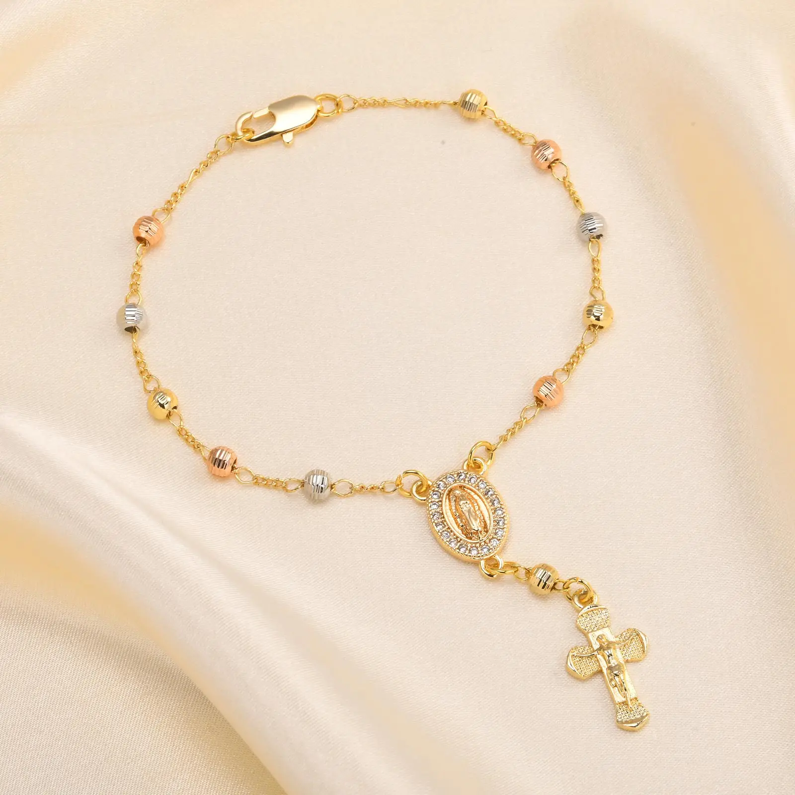 Virgin Mary Rosary Bead Cross Bracelet for Women, Tri-color Adjustable Chaiin Virgin of Guadalupe Bracelet Jewelry Gift