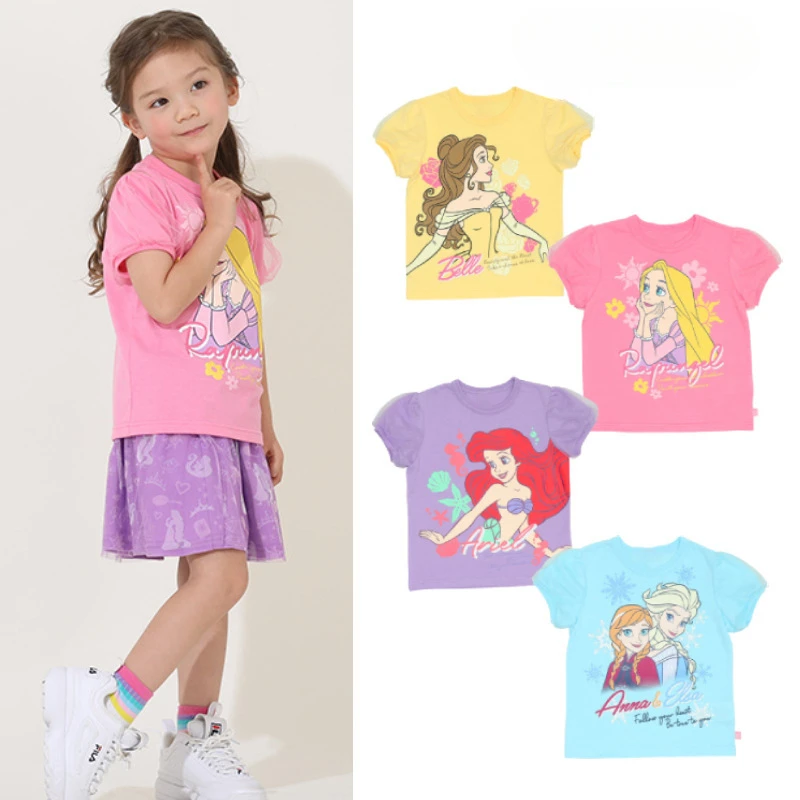 

New Summer Kids Girls T-shirt Pure Cotton Short Sleeved Cartoon Mermaid Printed Round Collar Pullover Casual Tee K673