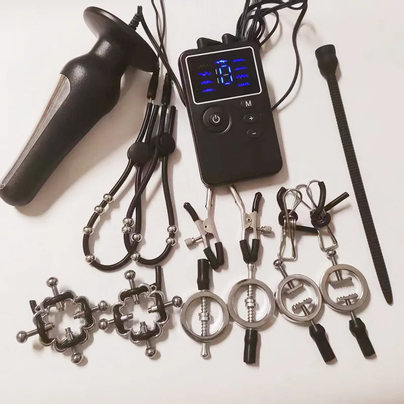 8 Modes Electric Shock Silicone Urethral Sounding Dilator Penis Trainer Cock Rings Nipples Clips Sex Toys for Men Testis Massage